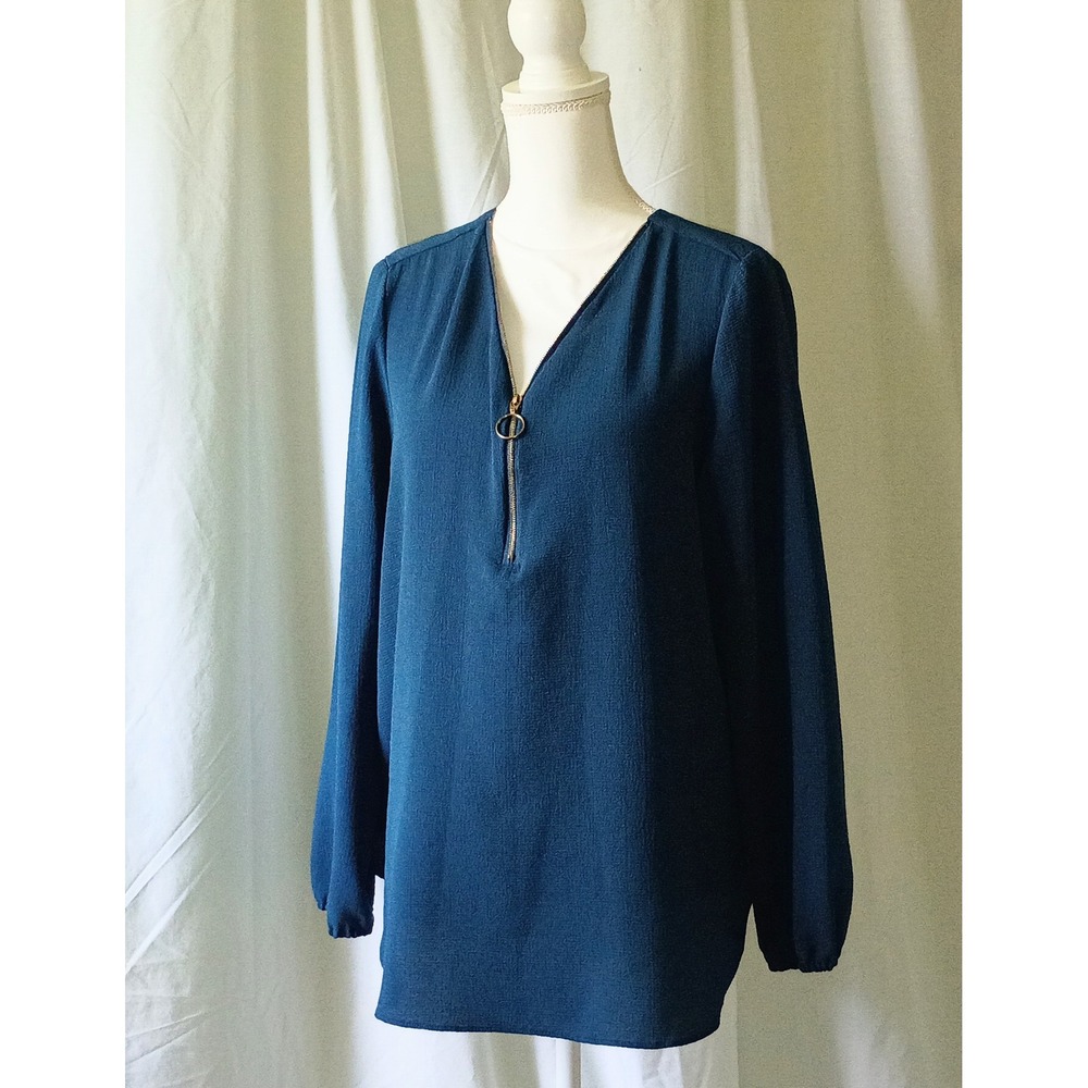 Valerie Stevens Teal Blue Zip Front Blouse Crepe Top Size Large Boho Office